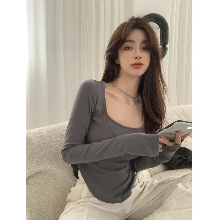 Женская футболка с длинным рукавом и U-образным вырезом в Корейском стиле | одежда
