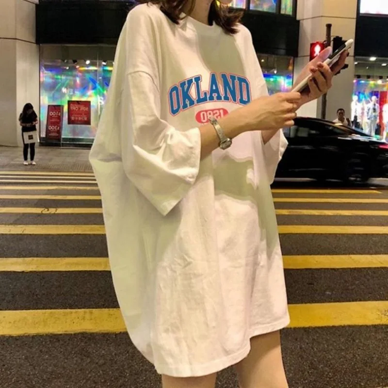 

Pure cotton summer Korean style white t-shirt women's short-sleeved loose student mid-length Harajuku style half-sleeved top