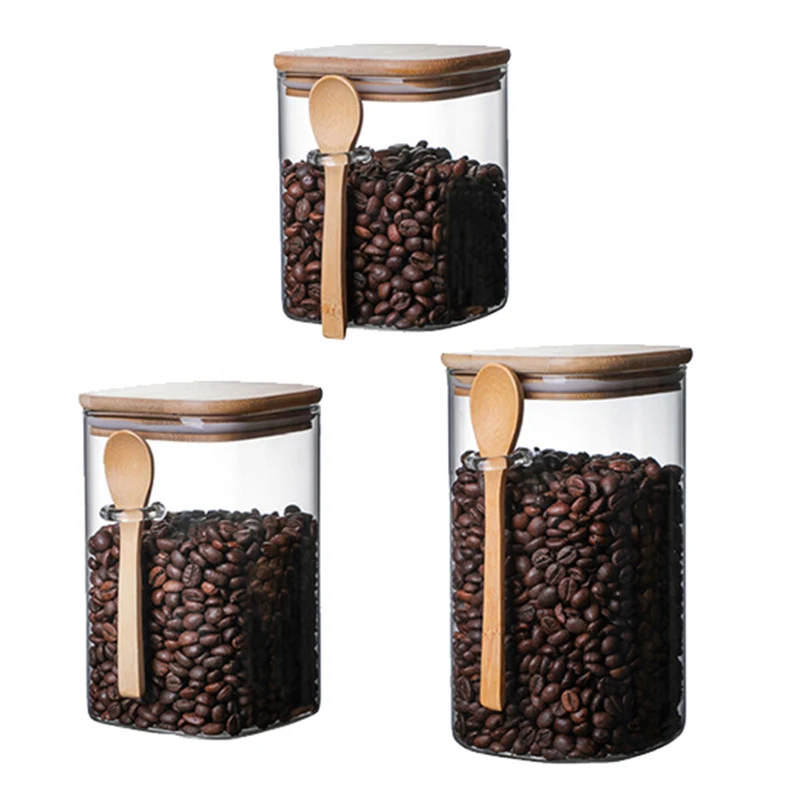 

3 Pcs Glass Jar with Lid and Spoon, Airtight Clear Square Glass Canister for Kitchen,for Sugar,Seeds,Salt,Pepper,Spices