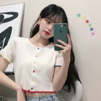 o neck knitted casual short sleeve thin sweater cardigans female summer colorful buttons cardigan shirts women crop tops y560