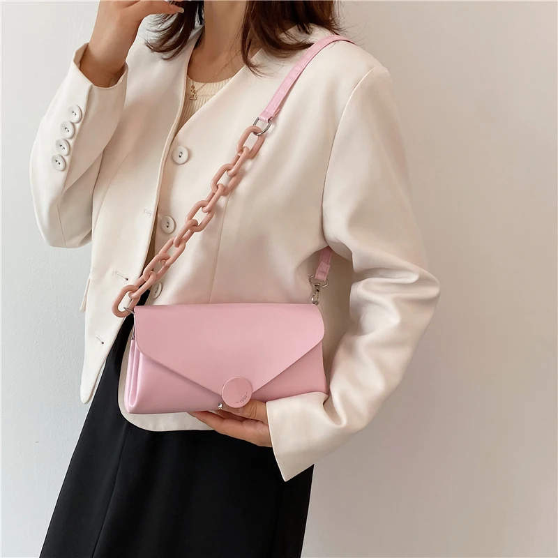 

Women Fashion Underarm Shoulder Bag PU Leather Chain Tote Bags Retro Luxury Baguette Bags Woman Buckle Flap Solid Color Wallet