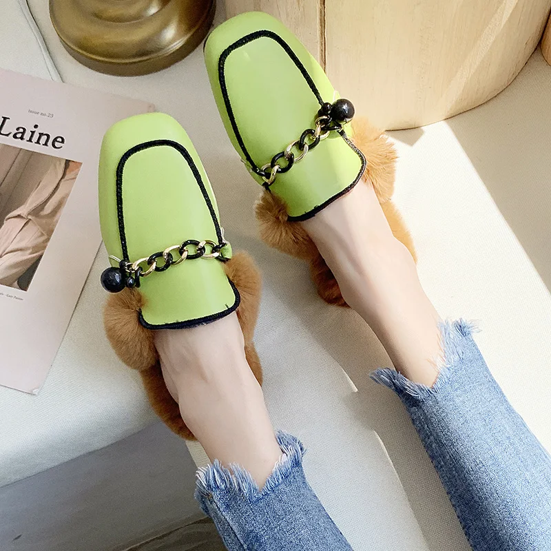 Женские меховые мюли на низком каблуке квадратные плюшевые туфли плоской