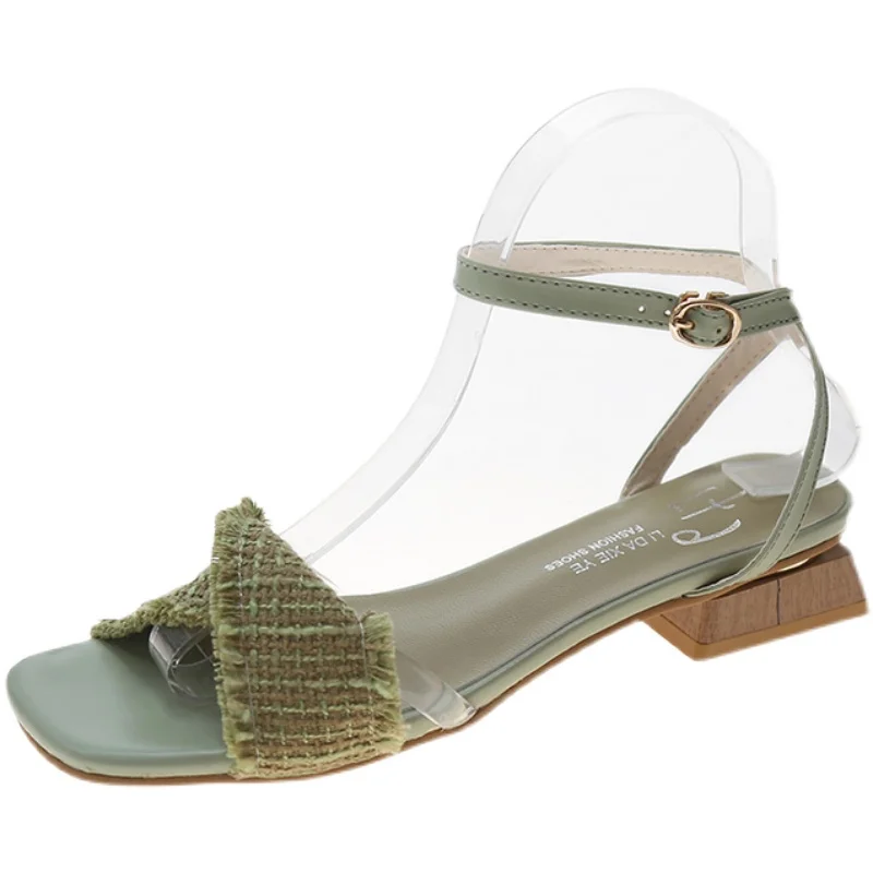 

Block Heels Fashion Womens Shoes 2021 Clear Sandals Tassel Suit Female Beige Square Toe All-Match Chunky Luxury Velvet Fringe