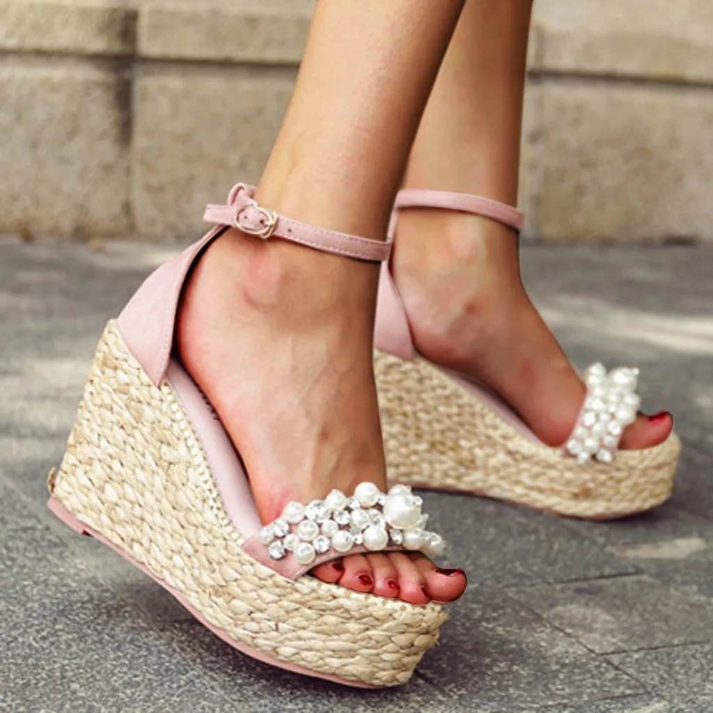 Женские босоножки свадебные туфли на танкетке с открытым носком высоком каблуке