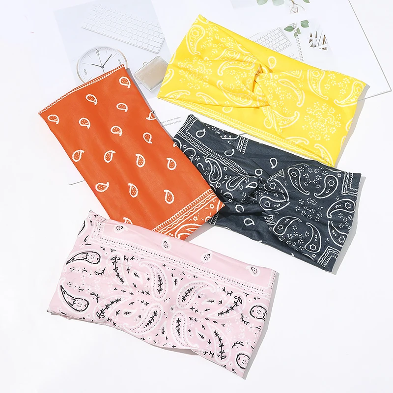 

Women Headband Cashew Printing Casual Turban Headwrap Non-Slip Stretch Elastic Cloth Fabric Sport Yoga Wide Headband Cross Knot