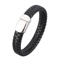 trendy multicolor men braided leather cord bracelet bangle stainless steel fashion punk male wristband party jewelry gift sp1035