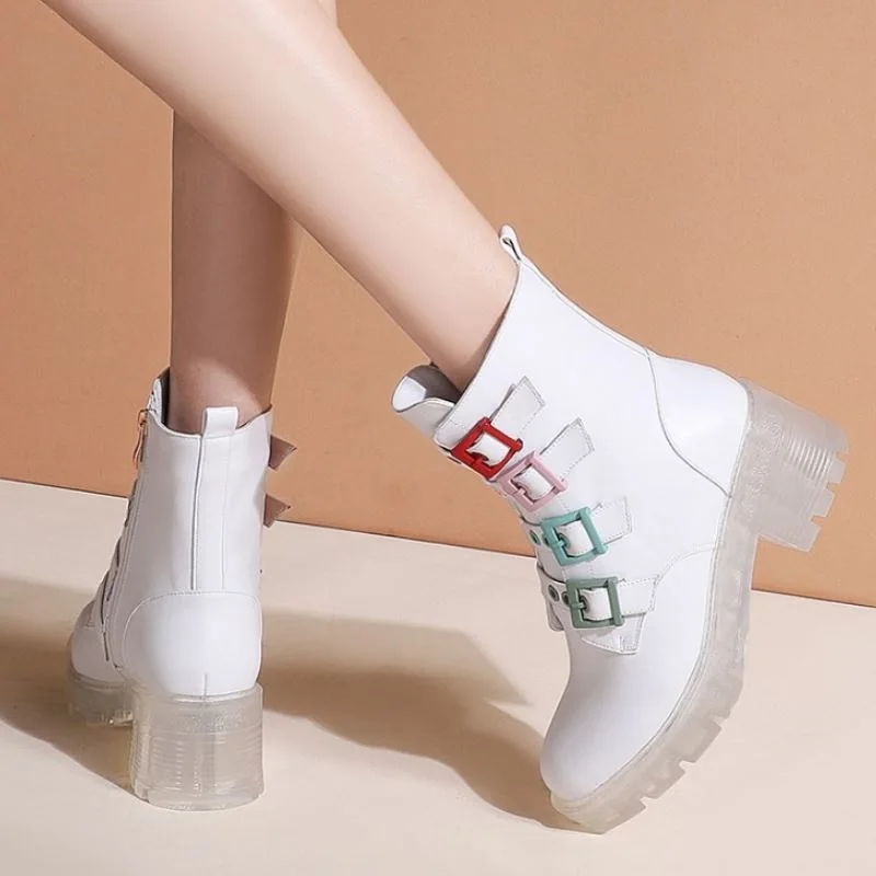 

Rizabina New Design Woman Short Boots Real Leather Colorful Buckle Woman Ankle Boots Fashion Cool Women Footwear Size 34-40