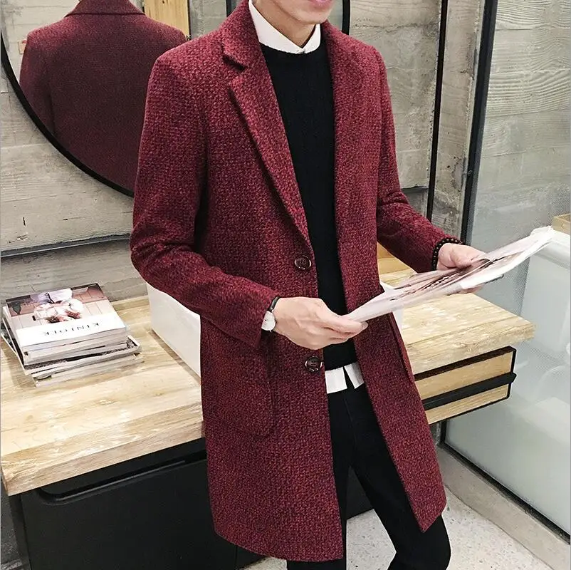 Autumn And Winter Men's Slim Woolen Coat Korean Long Section Fashion Woolen Coat - Цвет: Wine Red