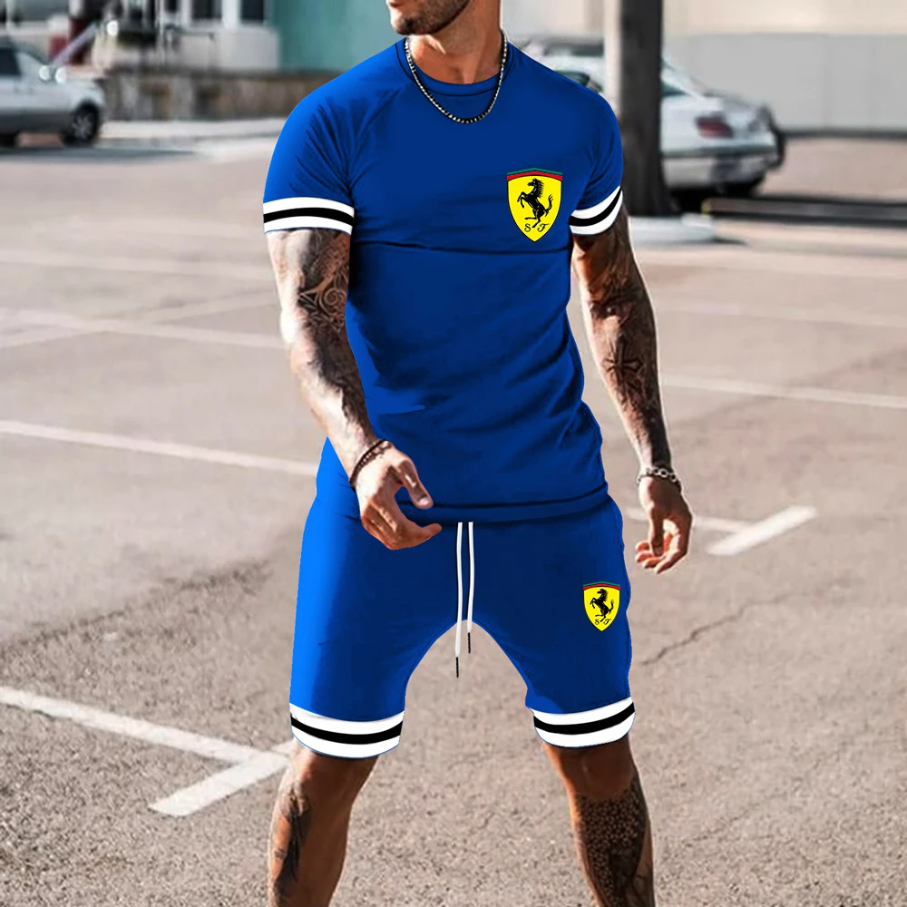 

New Ferrari Print Summer Men's Suit Casual Short-Sleeved Sports Suit Men's Sportswear Stitching Striped Workout Clothes S-6XL