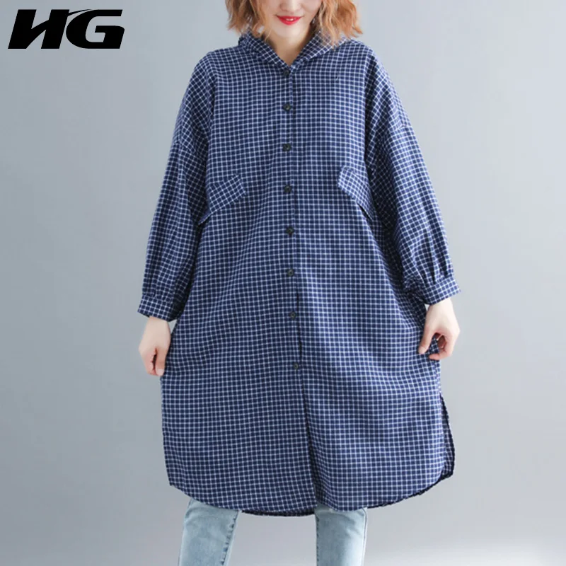 HG клетчатая блузка пальто для женщин с капюшоном длинным рукавом однобортный