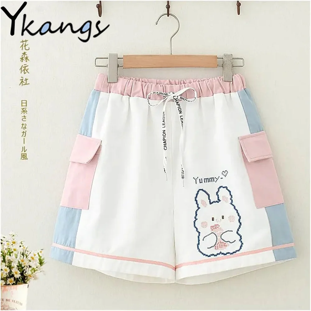 

Harajuku Kawaii Maiden Rabbit Embroidery Sweet Shorts Elastic Waist Casual Pants Summer New Preppy Style Pink Pocket Short Pants