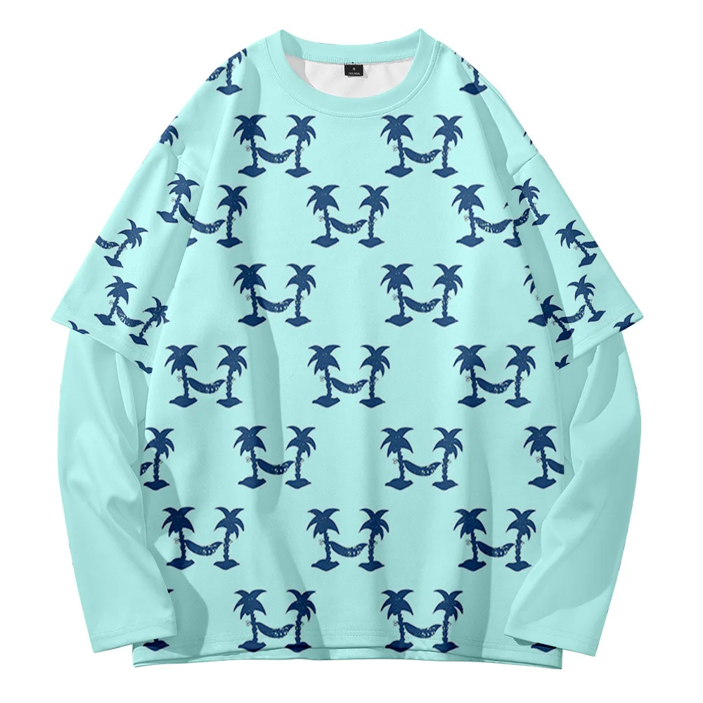 

Warm color Hawaiian style street style fashion trend youth summer 3D digital round neck fake two-piece sweater