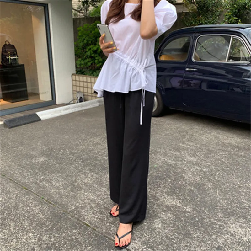 

Korean Korean Irregular Drawstring Blouse Shirt Female Minimalist O-neck Short Sleeved Blusas Casual Cotton Tops for Summer
