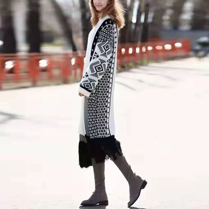 Осенне-зимнее шерстяное пальто женские с бахромой свитер большого размера