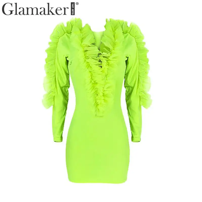Glamaker неоновая зеленая, сетчатая зимняя одежда с оборками, женское элегантное платье с v-образным вырезом, большие размеры, вечерние Клубные платья с длинным рукавом, женское облегающее платье