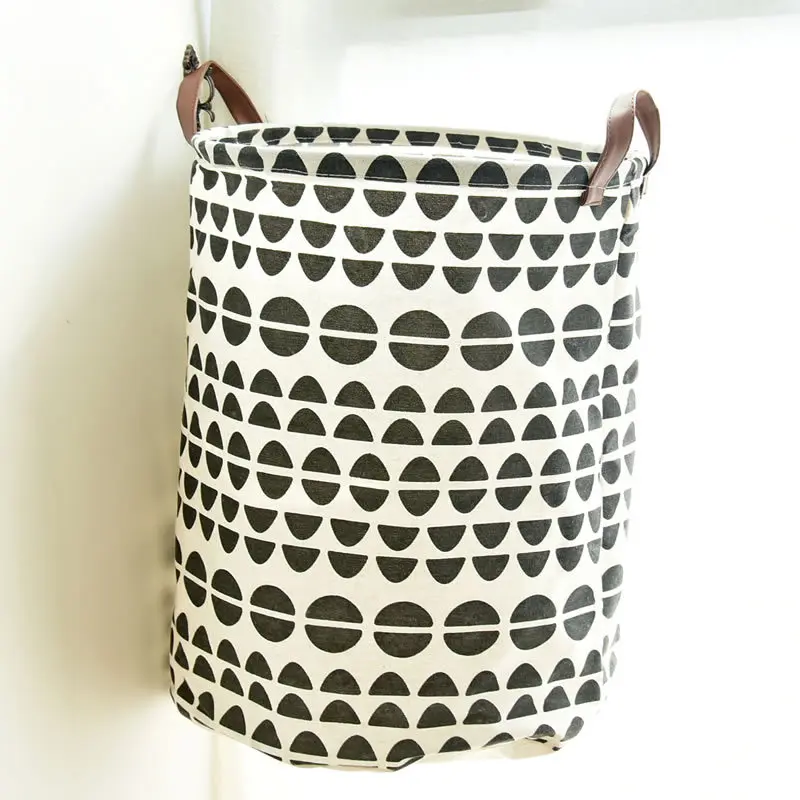 

Personalized large dot foldable dirty clothes laundry basket with leather handle cotton linen washing organization basket toys