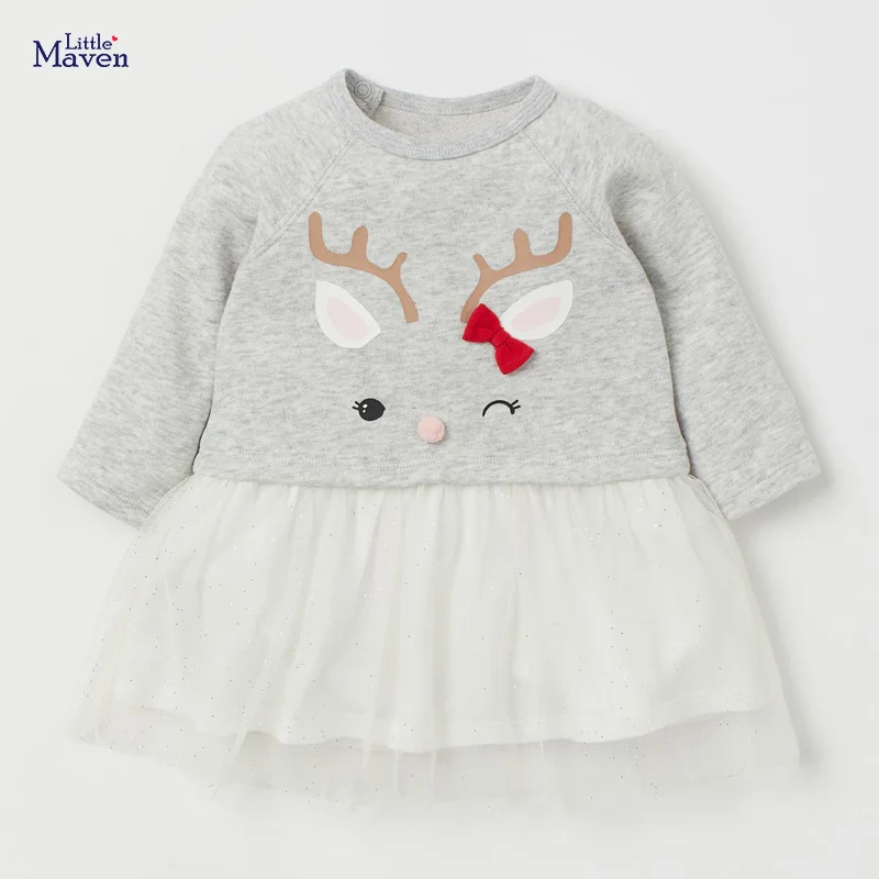 

Little Maven Frocks for Baby Girl Brand Autumn Clothes Cute Deer Applique Toddler Gray Tulle Fall Dress for Kids 2-7 Years