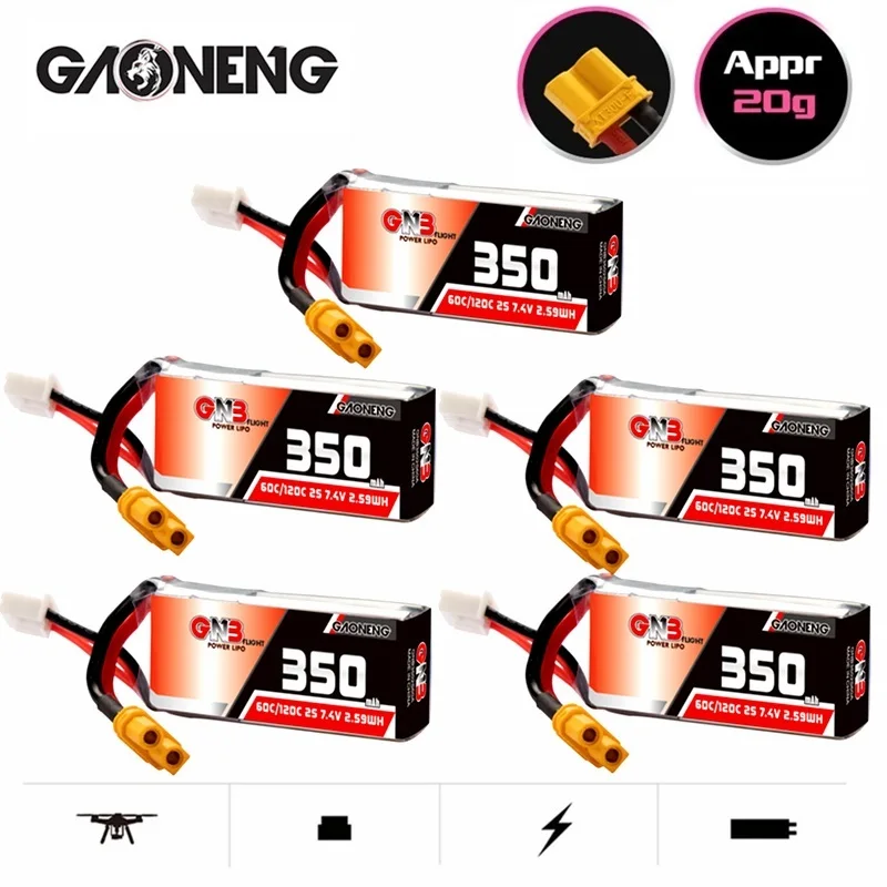 

5PCS/Set Gaoneng Gnb 7.4V 350Mah 2S HV Lipo Battery 60C/120C With XT30 Plug For Beta75X Rc Drone Fpv racing Drone