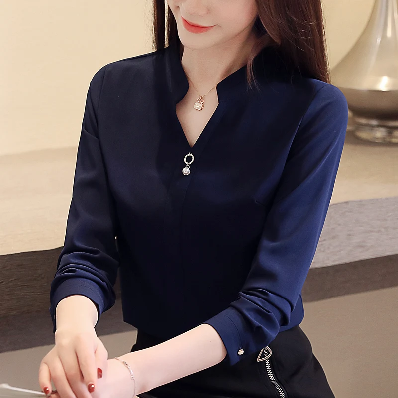 

2020 Autumn Women's V Neck Long Sleeves Chiffon Shirt Office Ladies Female All-match Shirts Blouse Tops A3710