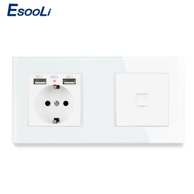 Электрическая розетка Esooli электрическая из закаленного стекла 2 разъема USB + 1