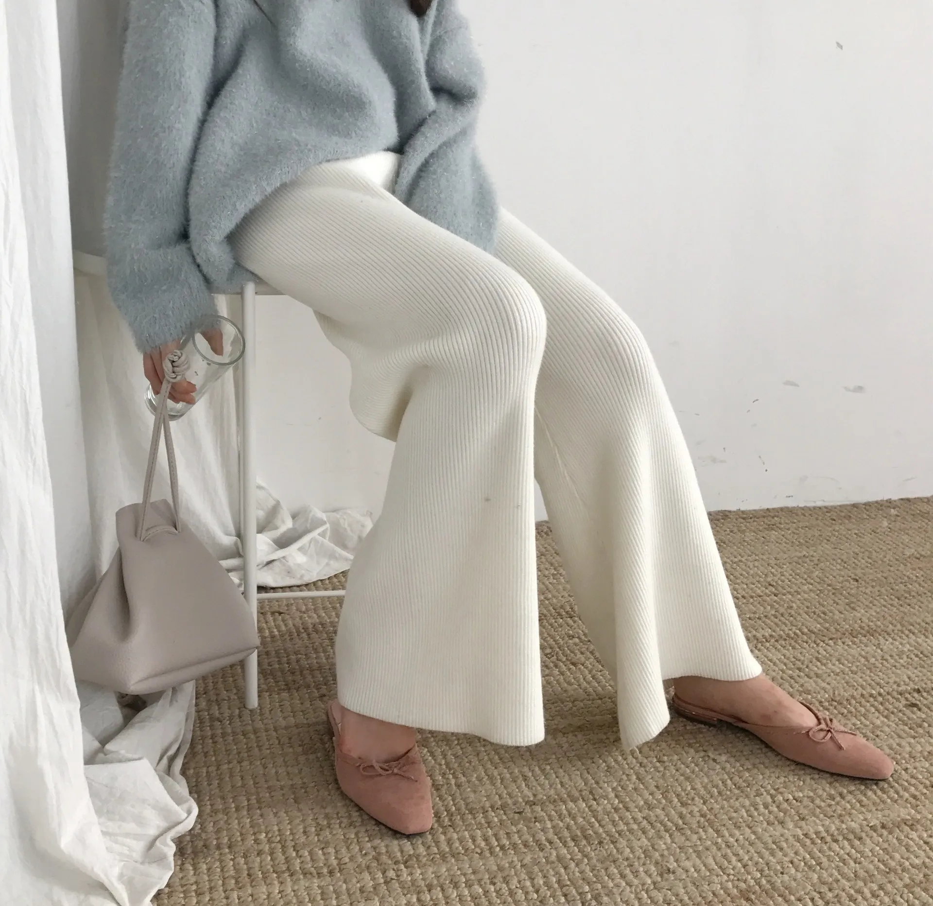 

2020 Women Autumn Winter New designer large leg floor length wool cashmere High Waist Long trousers Knit Pants