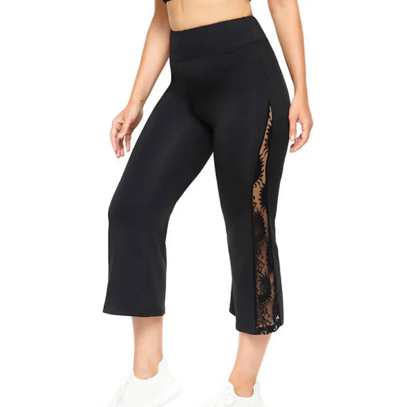 

New Hollow Out Lace High Waist Calf-length Pants Women Stretching Fitness Flared Trousers Femme Plus Size Black Yoga Pants 4XL