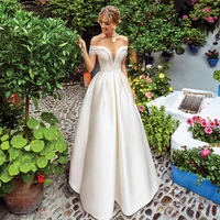 vintage spring cream ivory satin wedding dress for woman 2022 off shoulder long bridal gown elegant floor length robe de mariee