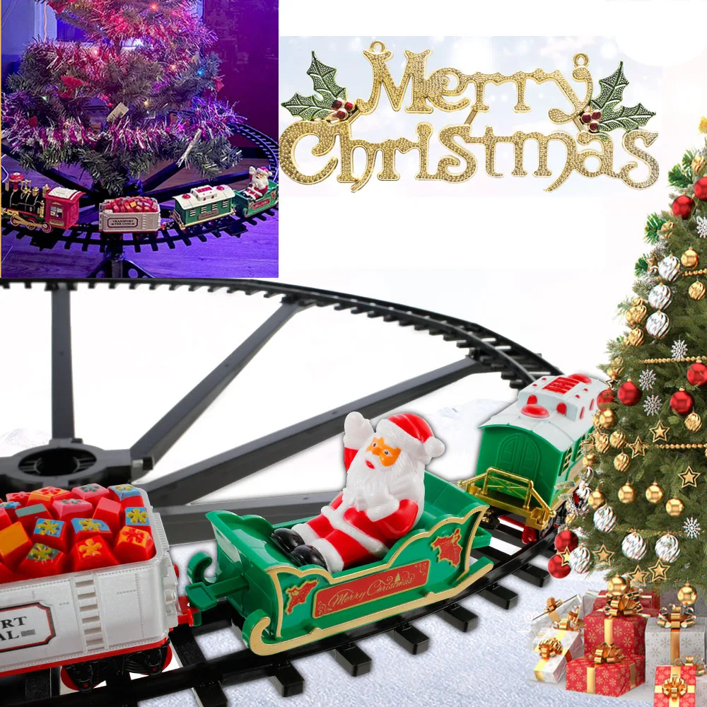 

Christmas Train Electric Toys Christmas Tree Decoration Train Track Frame Railway Car with Sound&Light Rail Car Christmas Gifts