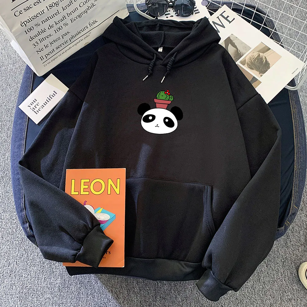 Panda and Cactus Plant Hoodie Harajuku Sweatshirt Cool Hoodies for Women Gothic Aesthetic Long Sleeve Pocket Sweetshirt for Girl