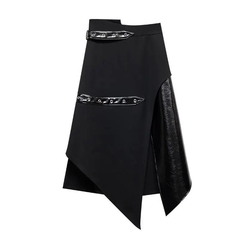 

XITAO Asymmetrical PU Patchwork Skirt Spring Autumn Fashion Loose Contrast Color Bandage New Street Trendy All-match WMD2518