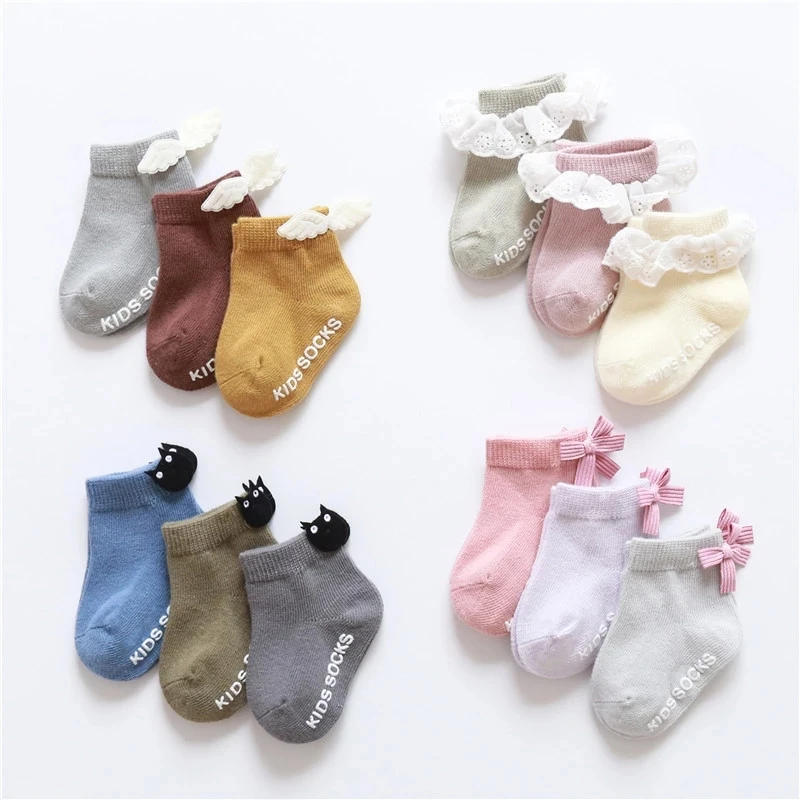 

3 pairs baby girl boy socks lace ruffle Bow newborn bebe cheap stuff floor anti slip sox kids infantil clothes accessories
