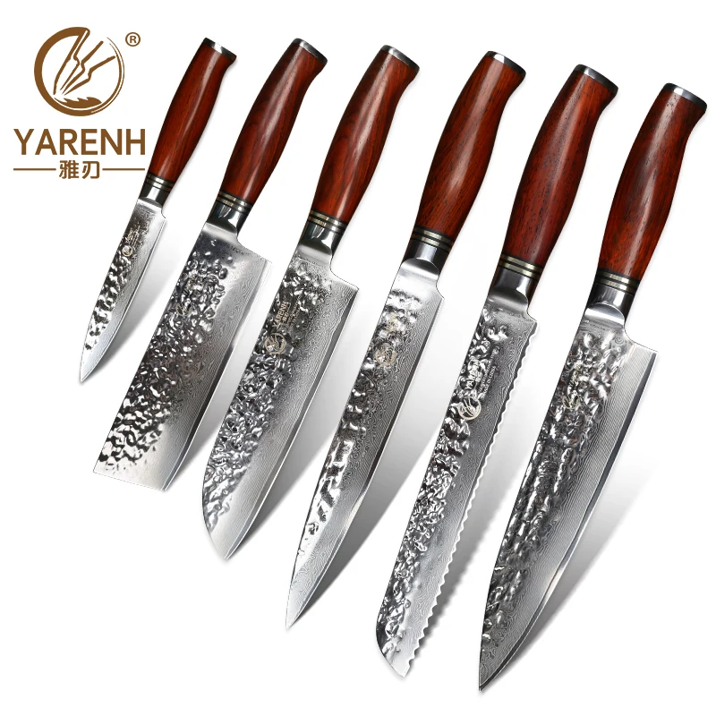 Yarenh набор ножей 6 шт.- кованный нож дамаск кухонный из японский vg10 дамасская сталь- острый ножи кухонные высокого качества