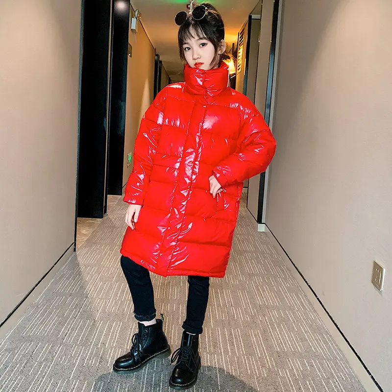 

2020 New Winter Cotton Jacket For Children Warm Coat Stand Collar Long Style Solid Color Kids Teenage Clothes Outerwear 4-13Yrs