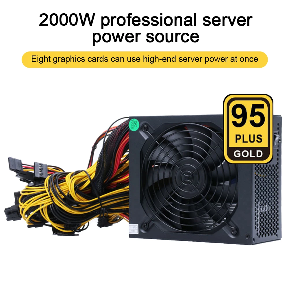 1800W Rated Miner Power Supply 95% High Efficiency AC 180-260V ATX Mining Power Source Support 8 Graphics CPU Card Max to 2000W