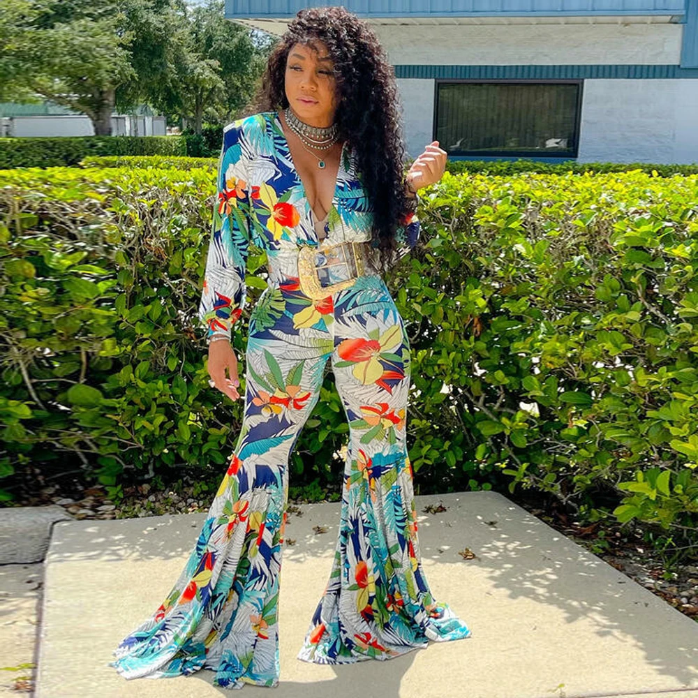 

Женский Осенний комбинезон с цветочным принтом, сексуальный комбинезон с глубоким V-образным вырезом и длинным рукавом, комбинезон с раскле...