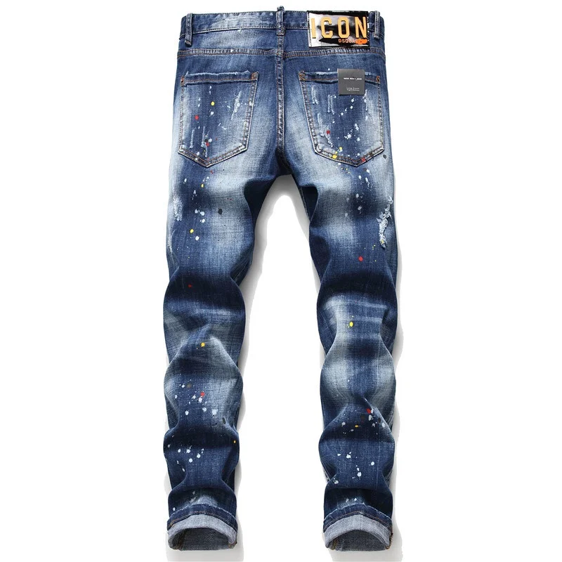 

European Italy Blue Men Famous Brand Jeans Pants Men Slim Jeans Patchwork Letter Moto & Biker Jeans Pants Black Hole Jeans