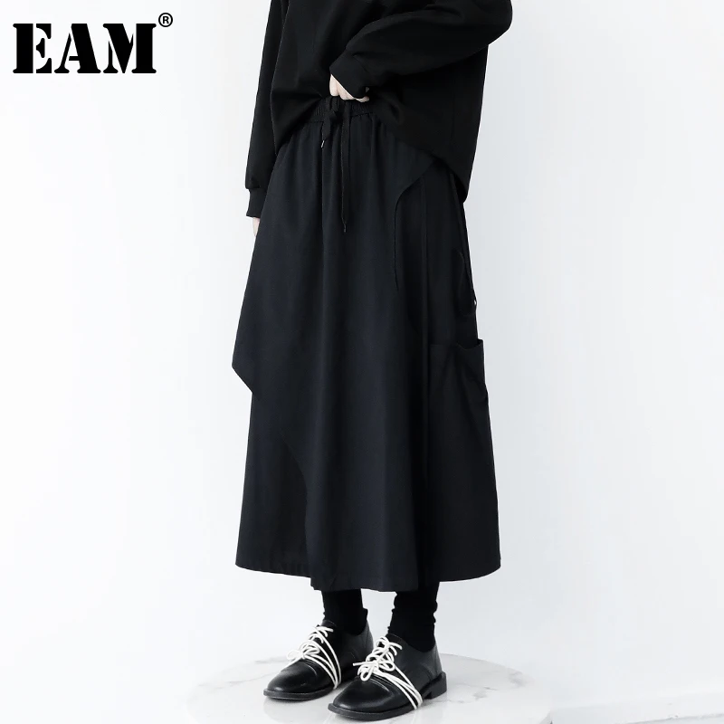 

[EAM] High Elastic Waist Black Drawstring Irregular Long Half-body Skirt Women Fashion Tide New Spring Autumn 2021 1DE2693