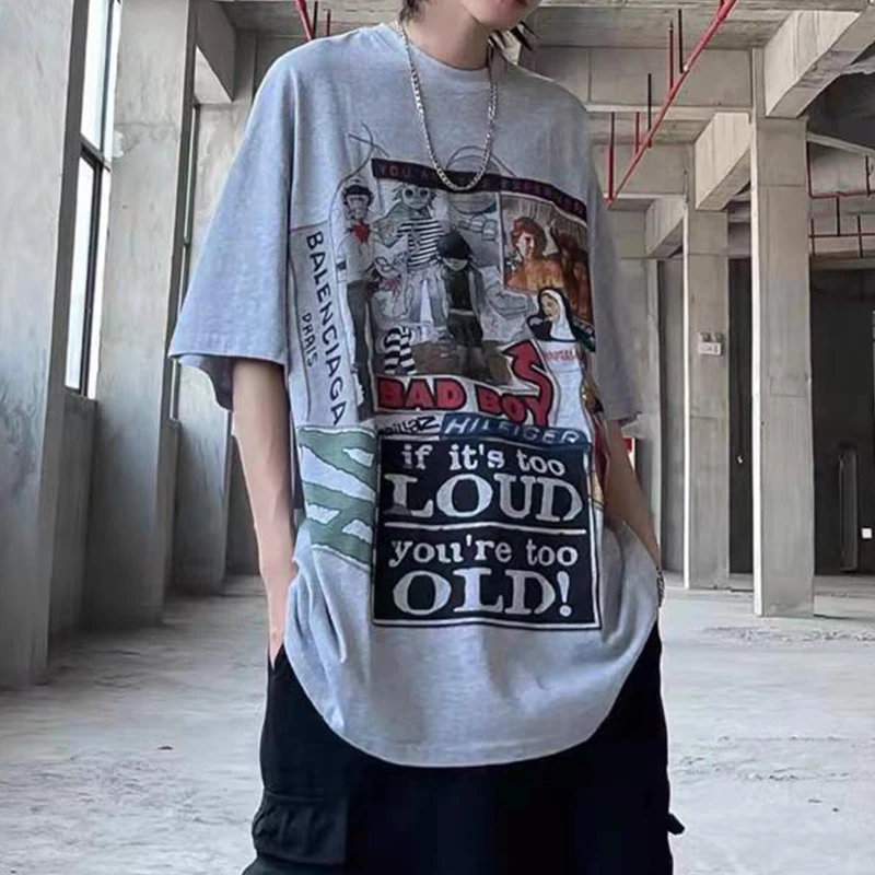 

Gray Cartoon Graffiti Print Vintage Loose Hip Hop Graphic Tee Men Women Harajuku Short Sleeve T-shirt Summer Oversized T Shirt