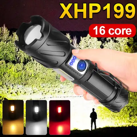 Суперяркий XHP199 Мощный светодиодный фонарик 18650 USB аккумуляторная вспышка Высокопроизводительный тактический фонарь COB с магнитом