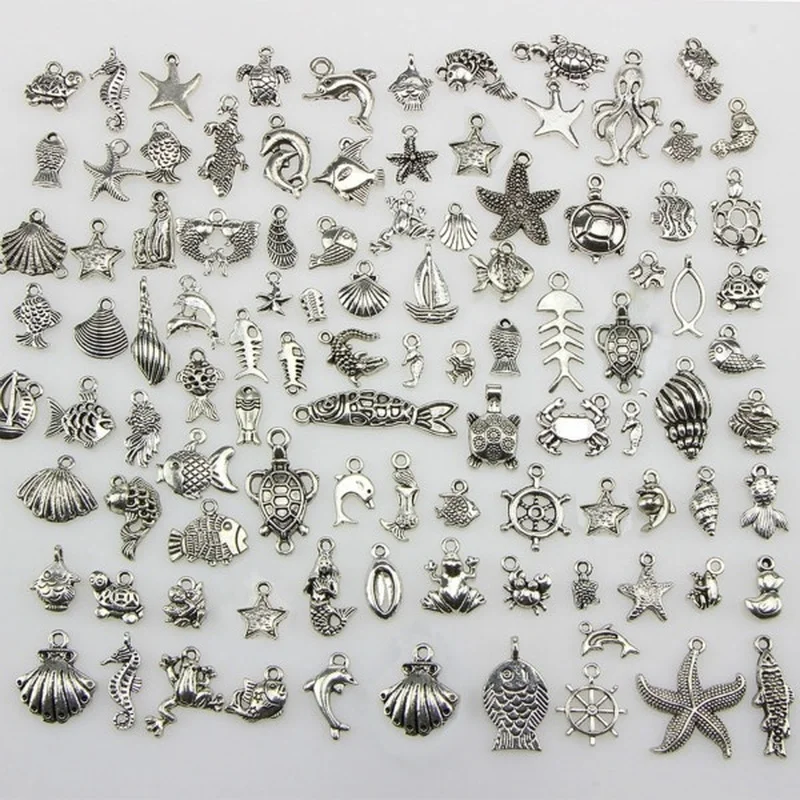 50pcs Ocean Theme 50/100 шт микс тибетских серебряных Подвески Серебряный браслет «сделай сам» с бусины аксессуары Сердце Форма крест кулон в виде морской звезды слон с металлической отделкой и т. Д - Цвет: 50pcs Ocean Theme