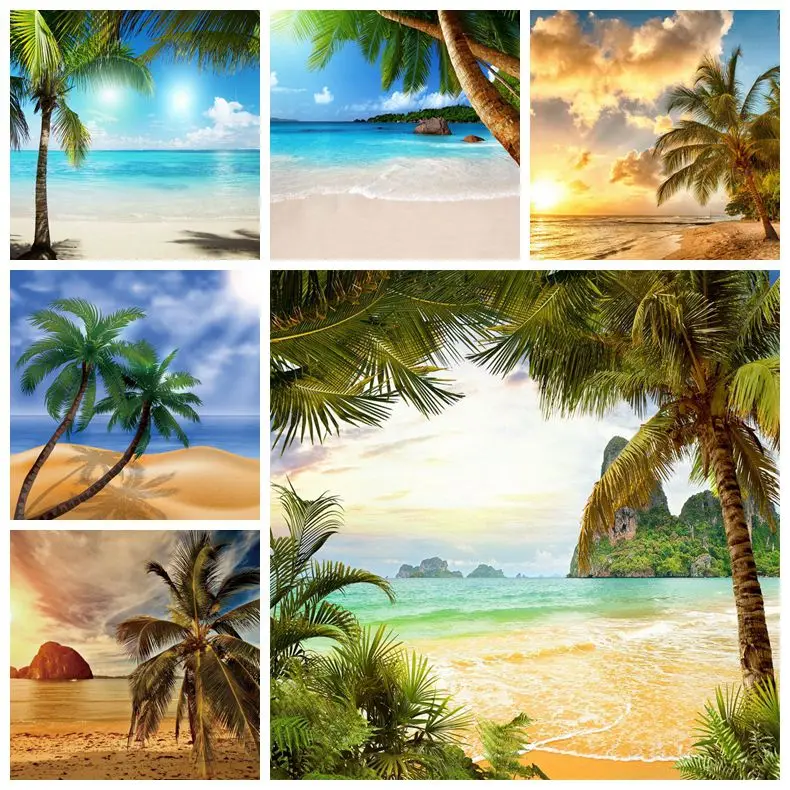 

Summer Tropical Seaside Beach Palms Tree Sky Cloud Photography Backgrounds Aloha Party Photophone Photo Backdrops For Photozone