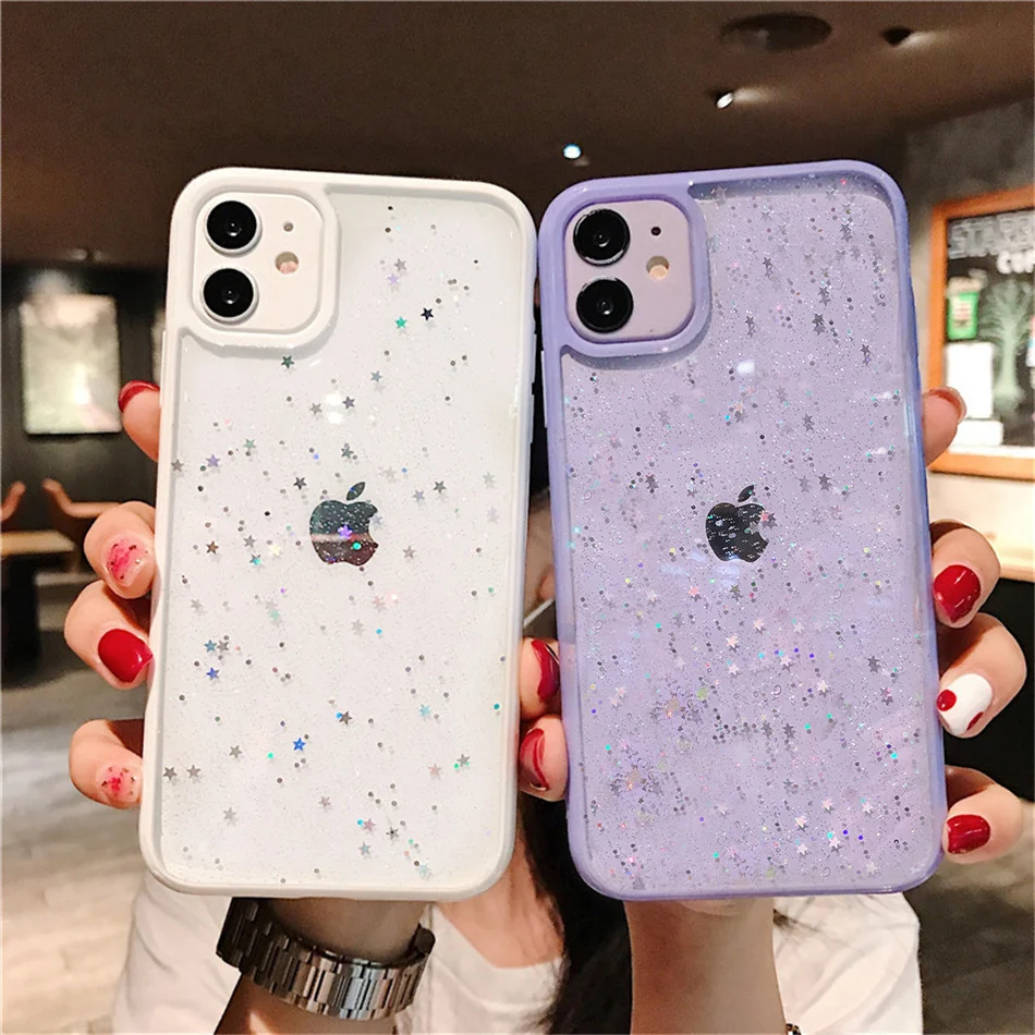 

Gorgeous Clear Glitter Epoxy Shockproof Phone Case For iPhone 12 Mini 11 Pro Max XS Max XR X 6s 7 8 Plus Cute Star Sequins Shell