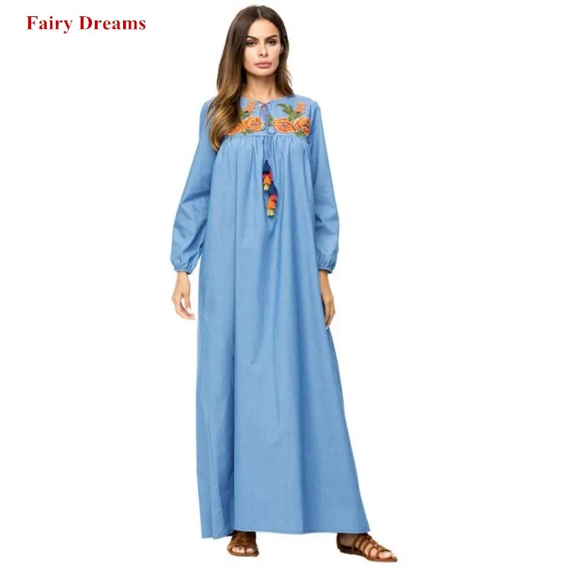 Платье женское джинсовое с длинным рукавом и цветочной вышивкой|Мусульманская