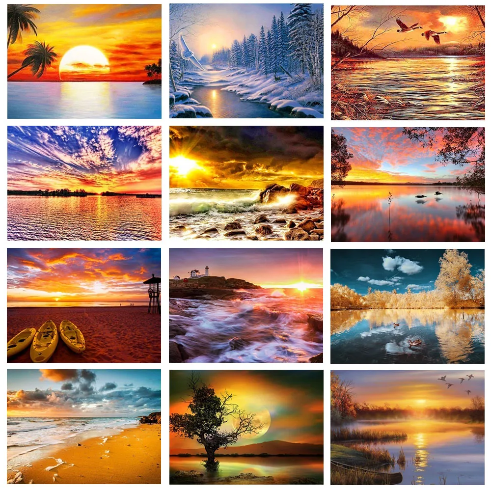 Wen Zuan 5D DIY Diamond Painting Full Drill Squares Rhinestones Diamond Embroidery Sunset Landscape Cross stitch Kits Home Decor