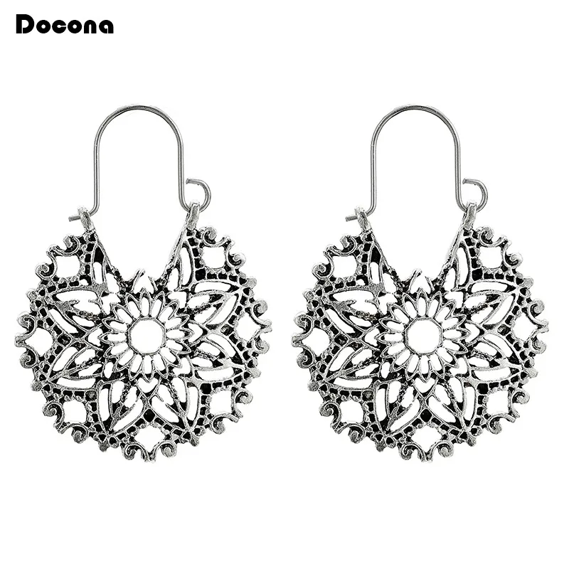Docona Ретро Мандала Цветок Висячие серьги для женщин полые геометрические