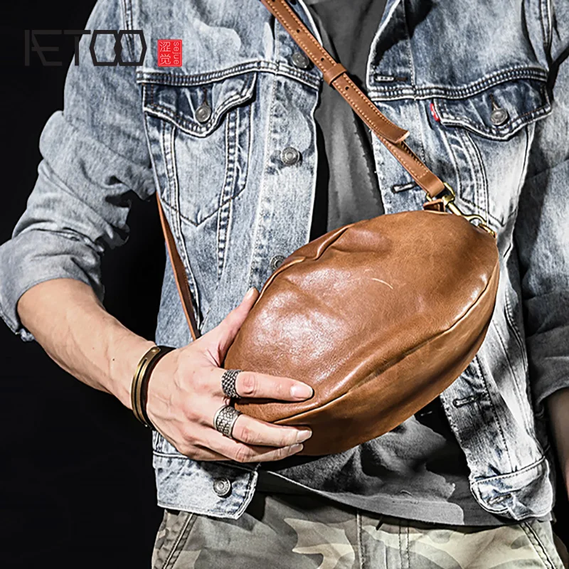 Сумка AETOO овальная из воловьей кожи кожаная сумка Мужская трендовая на одно плечо