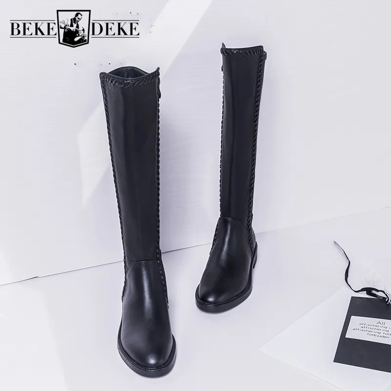 Зима 2020 новые женские сапоги до колена на низком каблуке из натуральной кожи для