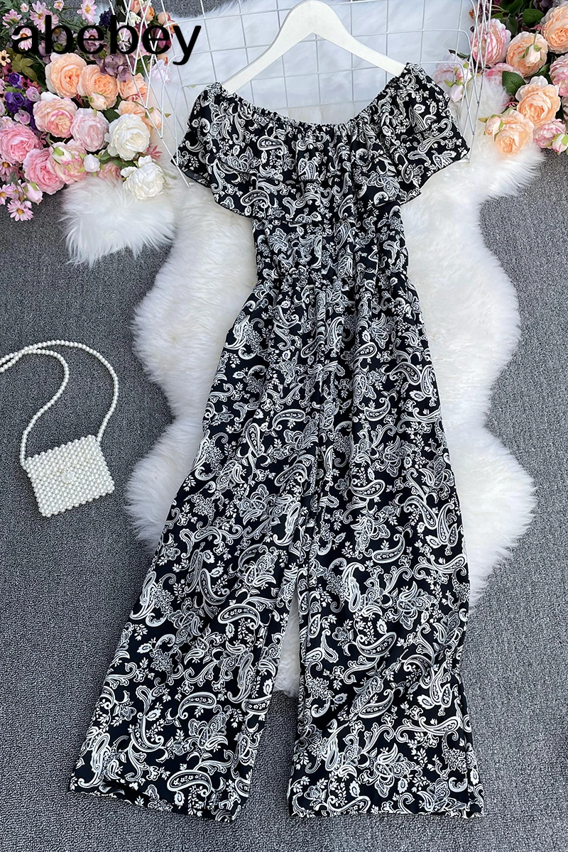 

Women Blhemian Floral Jumpsuits French Sweet Ruffles Slash Neck Rompers Summer Sexy Off Shoulder Wide Leg Long Rompers