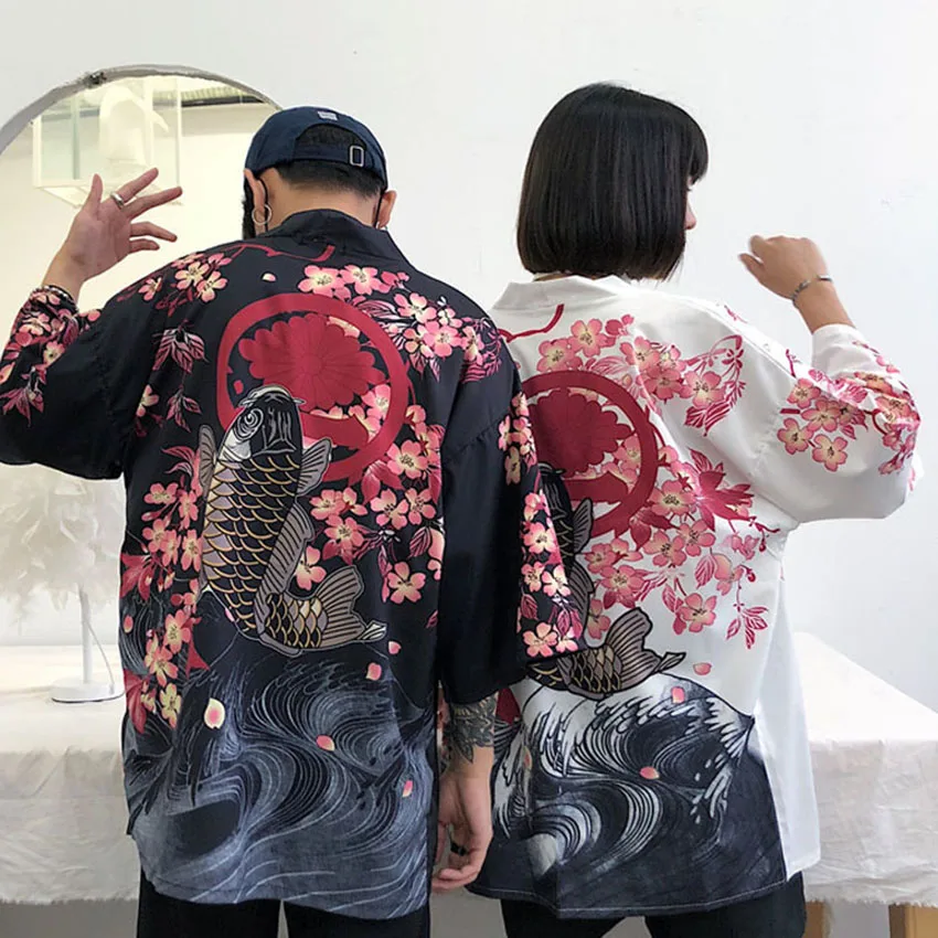 Haori, японский стиль, мужская рубашка для влюбленных, китайский дракон, одежда с изображением рыбы, самурайский журавль, мужская и женская блузка размера плюс, кимоно, Необычные азиатские
