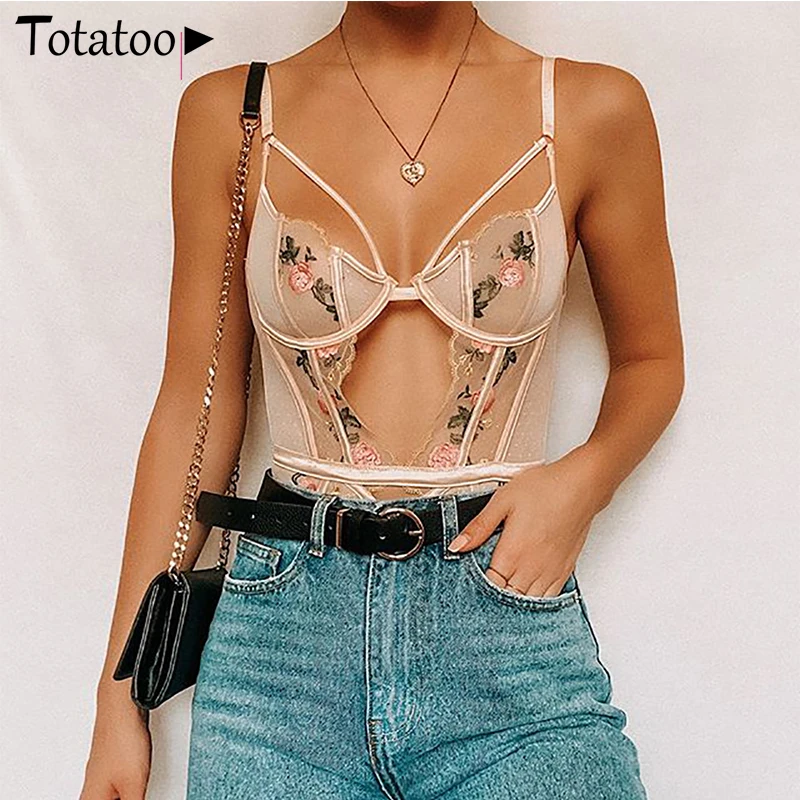 

Totatoop Floral Embroidery Sexy Lace Bodysuit Women V Neck Hollow Out Bandage Jumpsuit Underwire See Through White Overalls